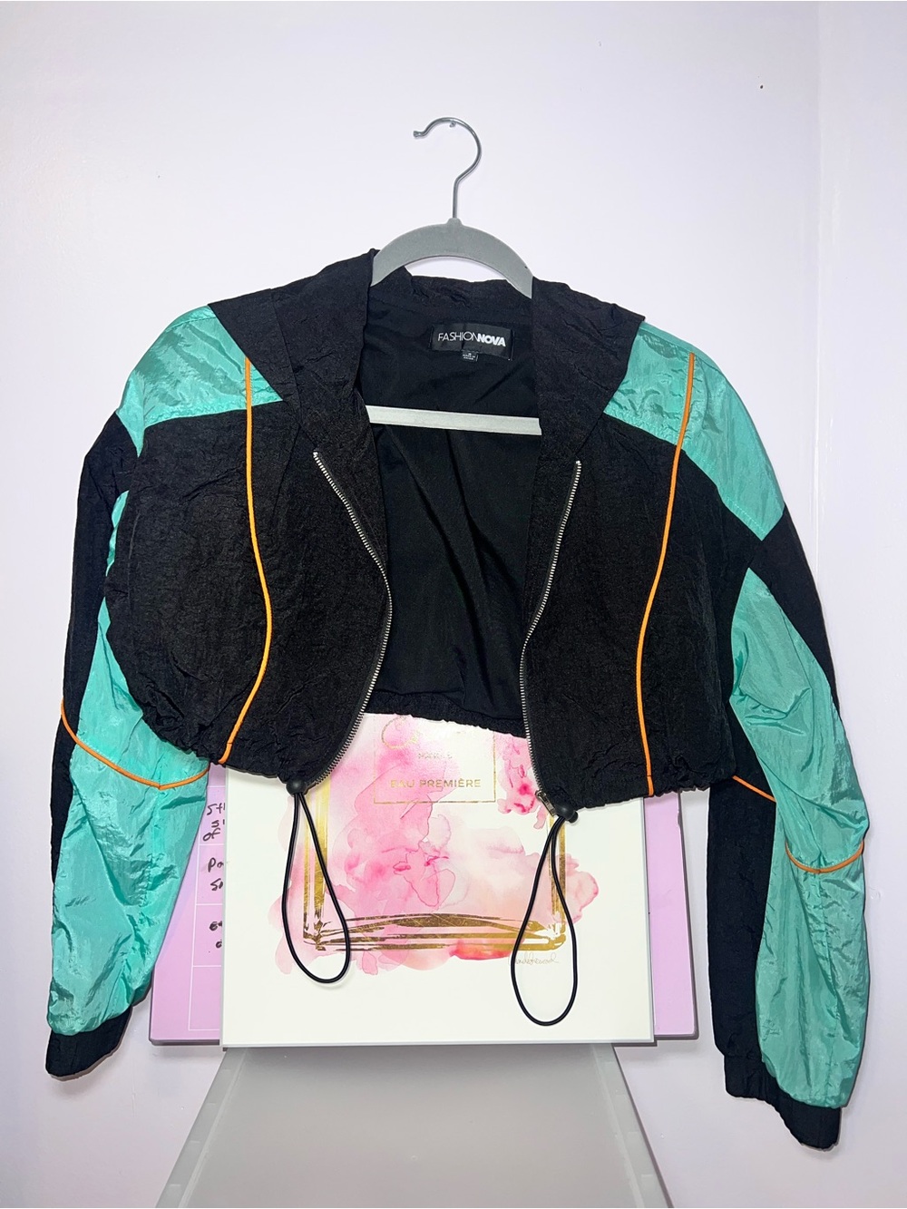 FREE GIFT! Fashion Nova Black & Teal Cropped Bomber Jacket with Orange Piping